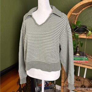 A New Day Striped V-Neck Collared Sweater - Sage Green